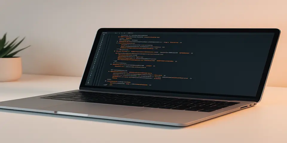 Laptop displaying HTML, CSS, JavaScript code in a modern workspace setup.