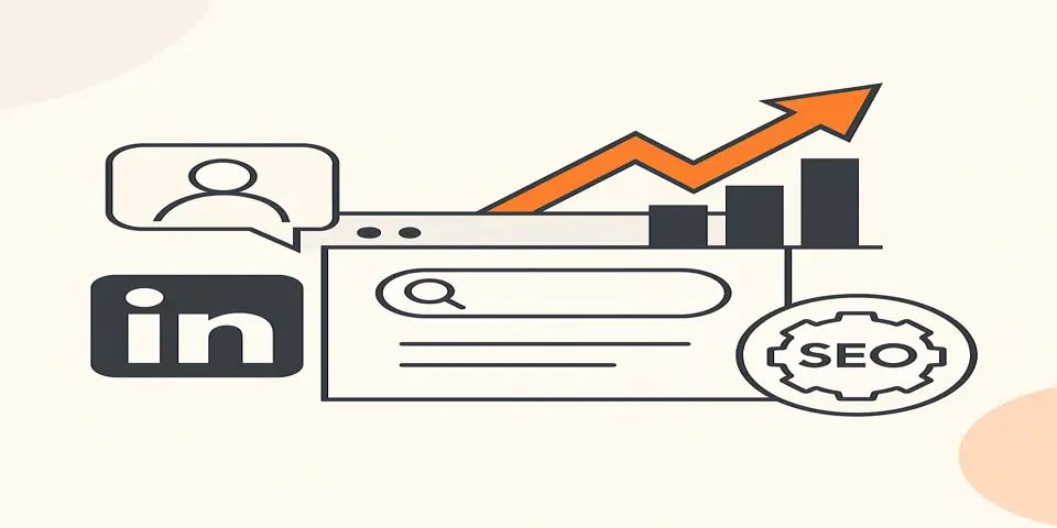 Abstract icons showing LinkedIn SEO concepts for improving business visibility.