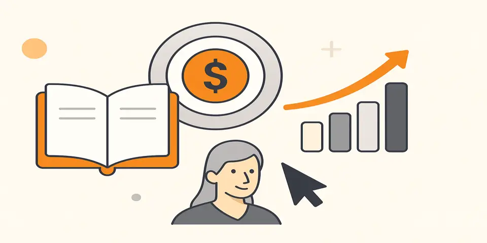 Icons representing content marketing, e-book strategy, and ROI.
