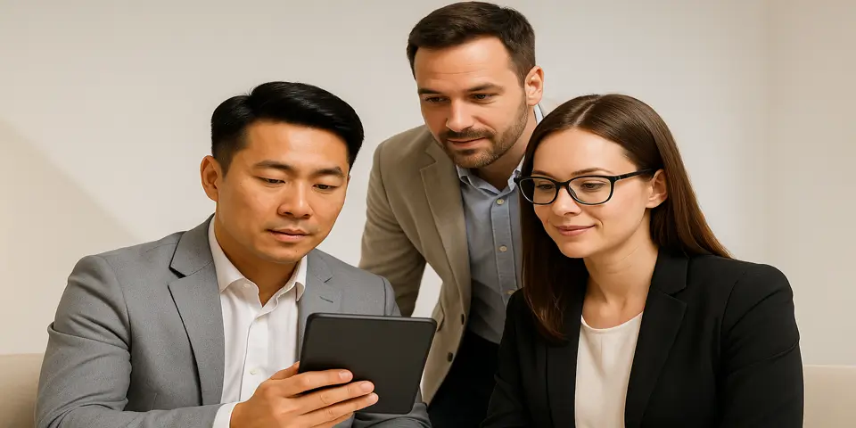 Team of three professionals discussing content strategy and digital e-book ROI.