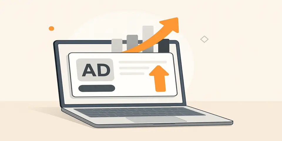 Laptop with ad interface and rising graph on screen.