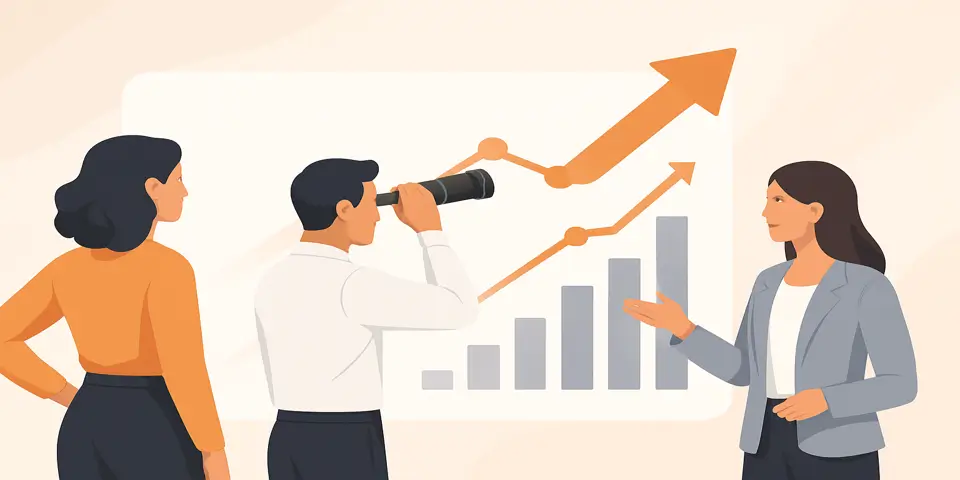 Team of professionals reviewing future business trends using data visualizations.