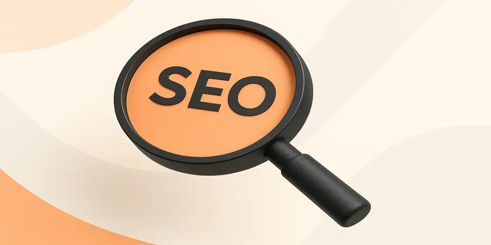 Magnifying glass on gradient surface symbolizing search optimization.