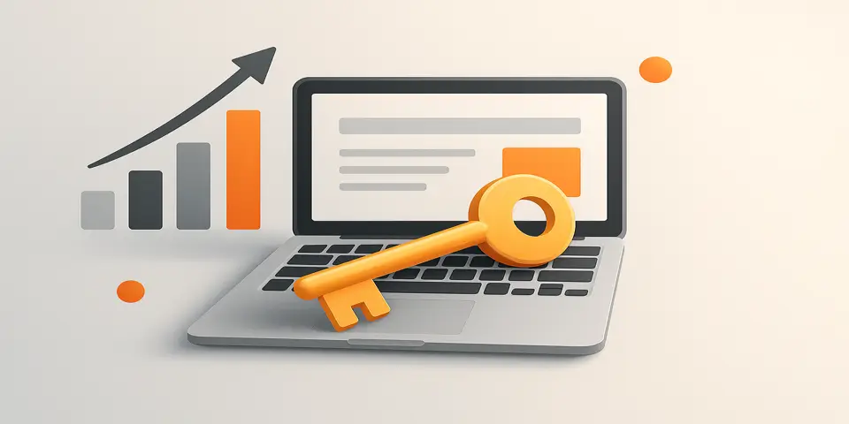 Laptop with digital overlay showing key website performance metrics.