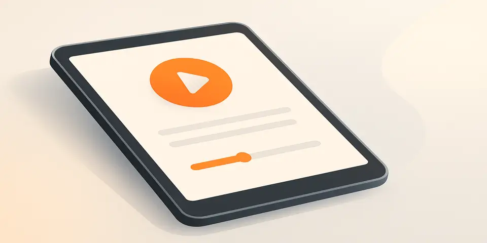 Tablet screen showing play button and engagement tools in minimal UI