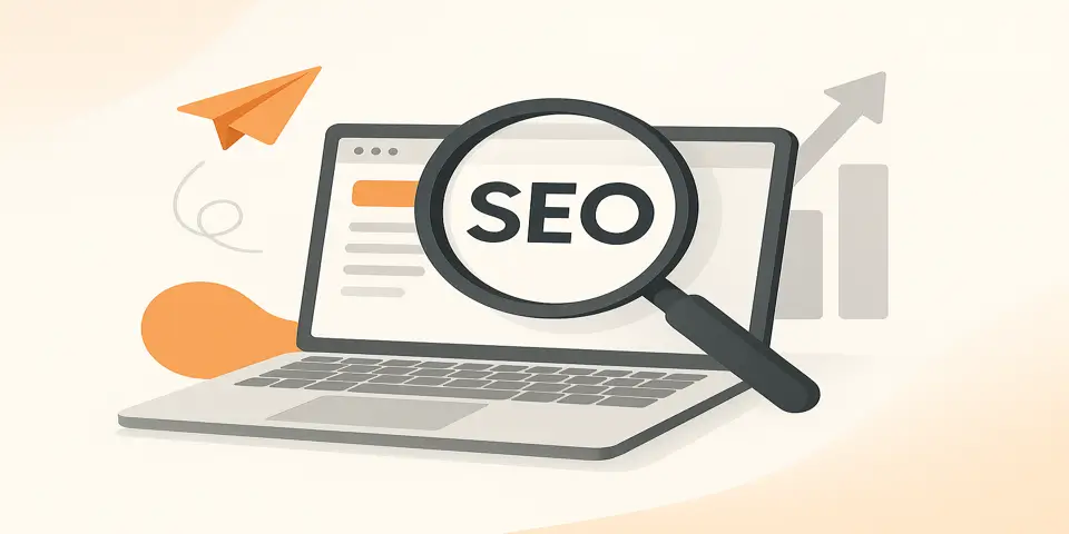 Laptop screen displaying SEO metrics, charts, and keyword data.