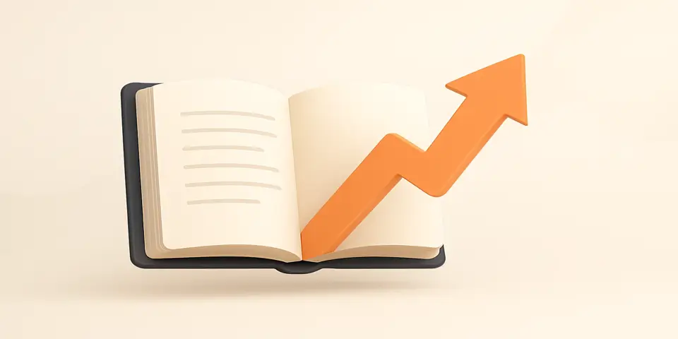 Open book with upward arrow representing narrative-driven growth"