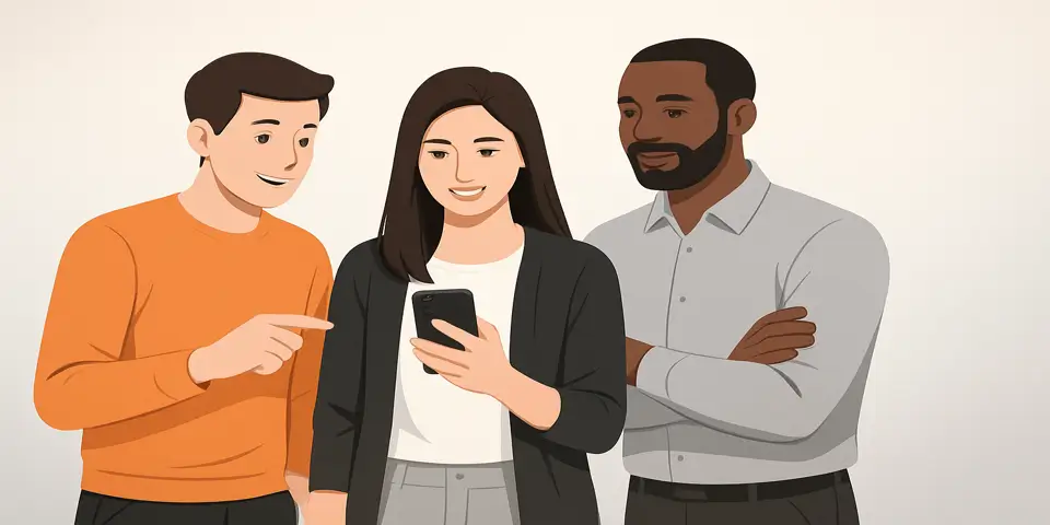 Three marketers collaborating while reviewing mobile campaign results.