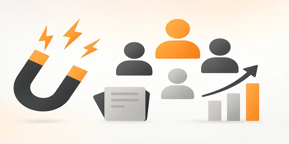 Hyper-real magnet attracting user icons on a gradient background