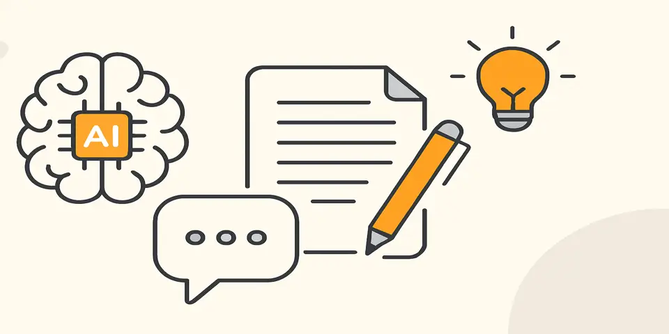 Icons representing AI tools, writing assistants, and automation.