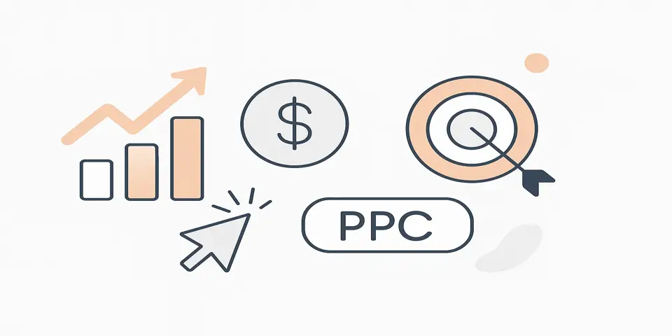 Minimalist icons representing PPC strategy and growth.