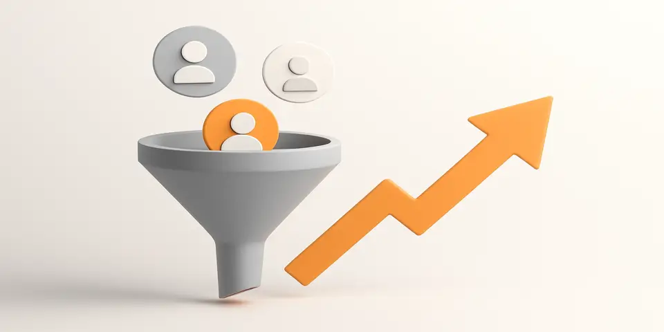 3D funnel showing stages of lead generation and conversion.