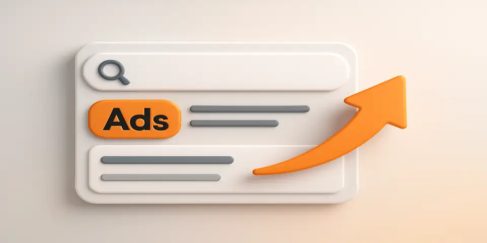 3D-rendered search engine interface with ad tag and growth arrow