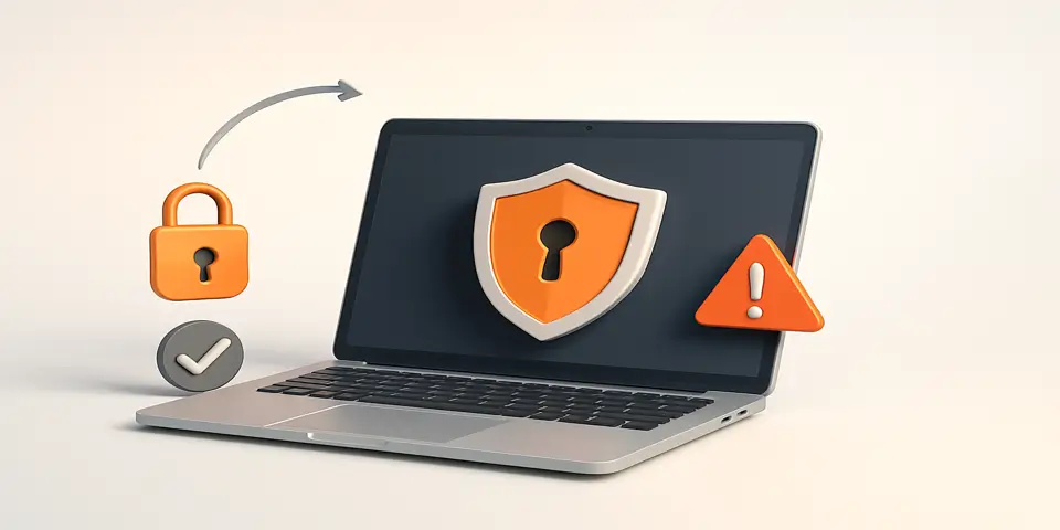 Secured laptop with digital lock icon symbolizing cyber defense