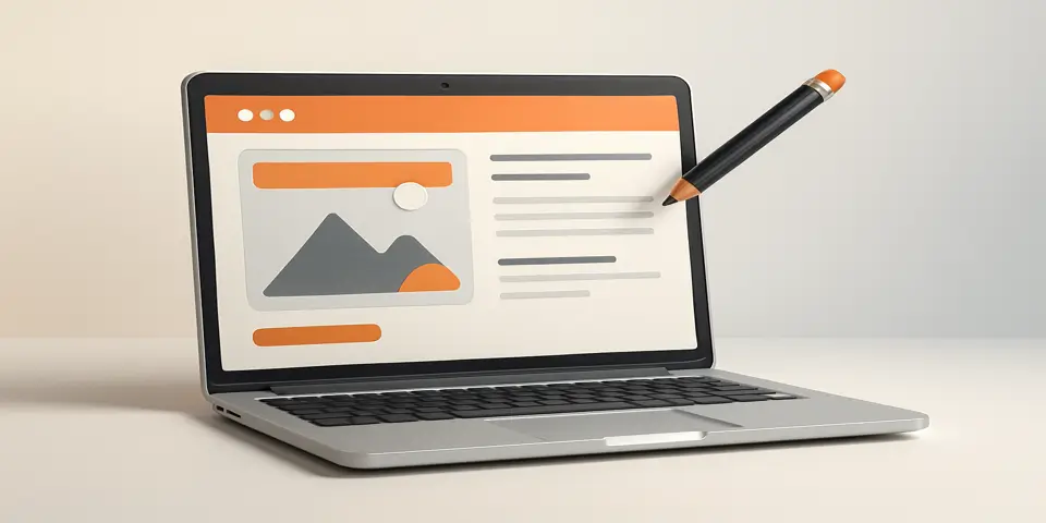Laptop displaying a redesigned website interface and backend layout