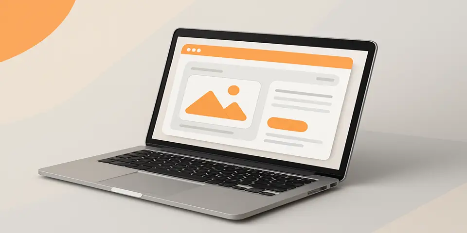 Laptop displaying a modern website layout with orange highlights.