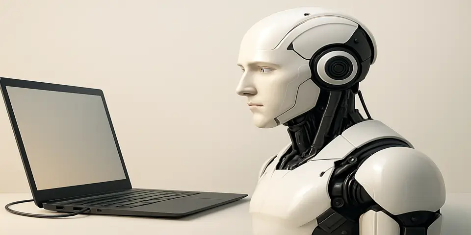 Robot connected to a laptop symbolizes AI-powered NLP processing.
