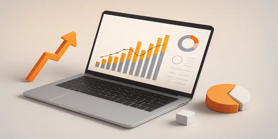 Laptop displaying data dashboards and charts in a modern workspace.