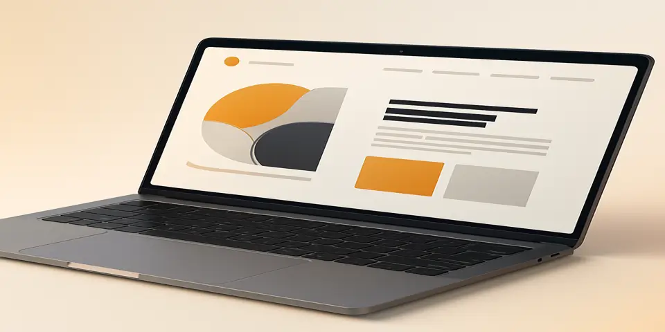 Laptop with sleek web design layout in orange, gray, and white tones