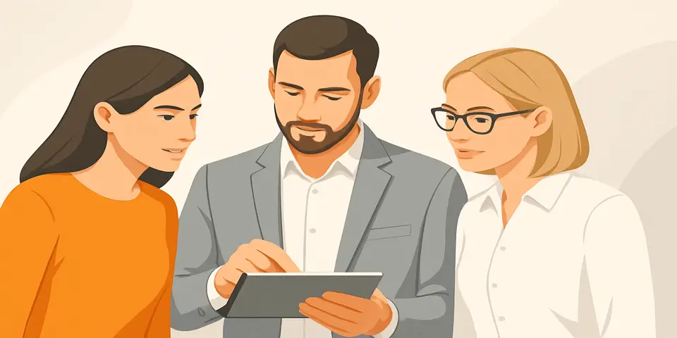 Three professionals discussing lead generation strategy using a tablet.