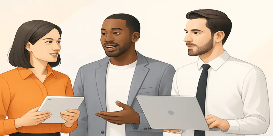 Diverse team discussing innovative marketing strategies with digital devices