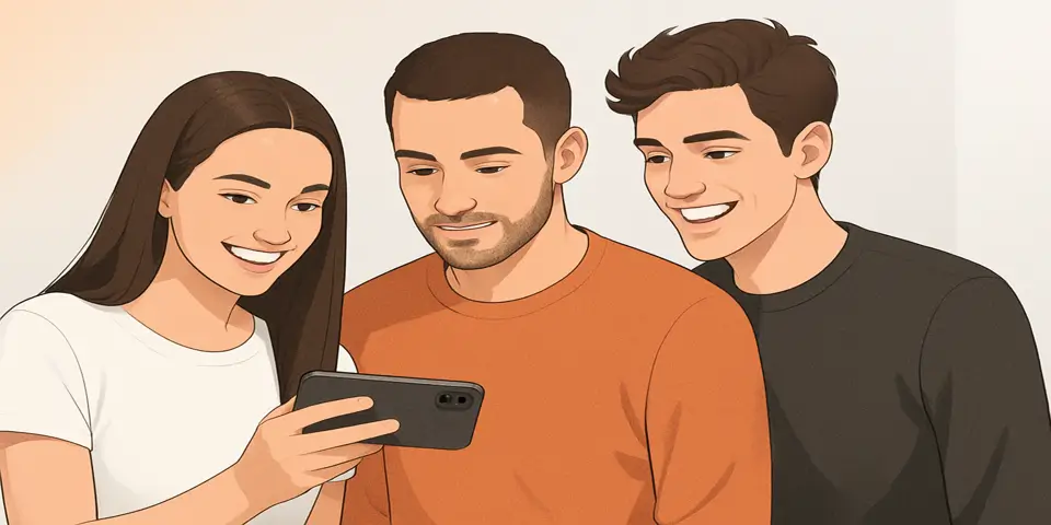 Three young adults looking at TikTok content together on a smartphone.