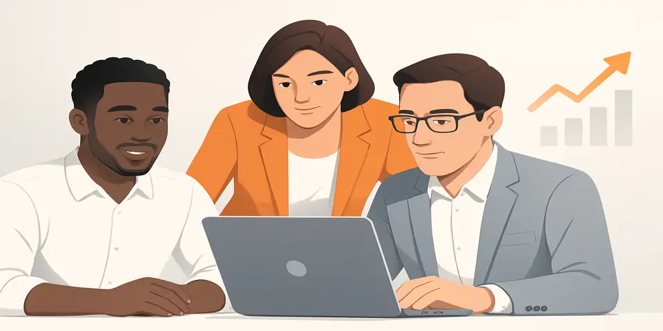 Three professionals collaborating over a laptop to review ad strategy.