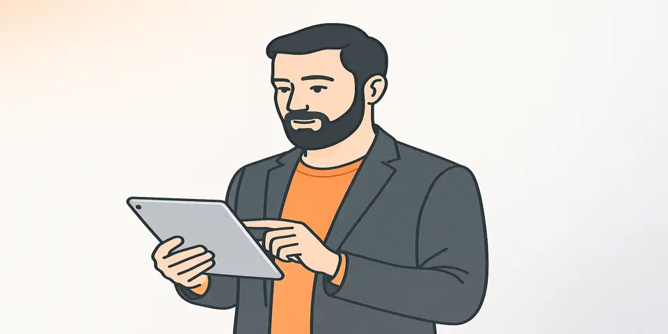 Business professional using tablet to plan AI-driven strategies