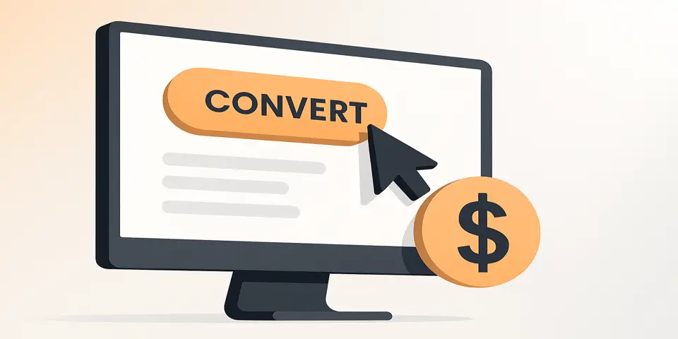Conversion ad interface featuring bold call-to-action and dollar icon.