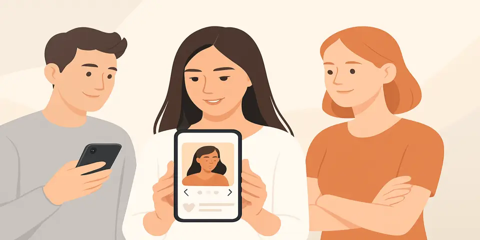 Three people engaging with carousel content on a phone