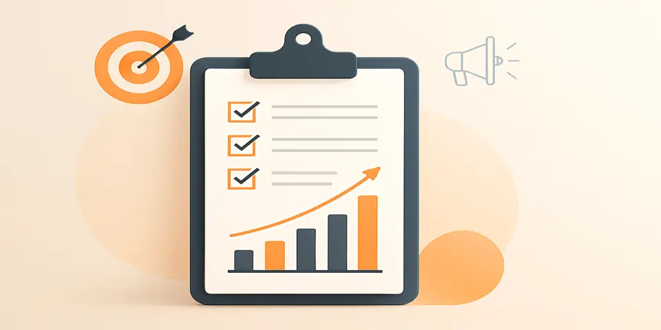 Clipboard showing marketing strategy checklist with bar chart and icons
