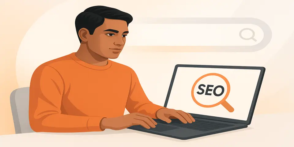 Digital marketer analyzing SEO performance on a laptop in a modern setup.
