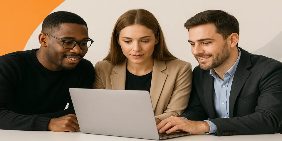 Diverse team collaborating on a web development strategy.