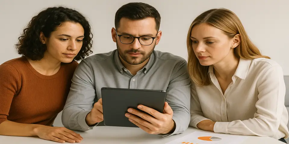 Three team members analyzing infographic data on a tablet in a modern office