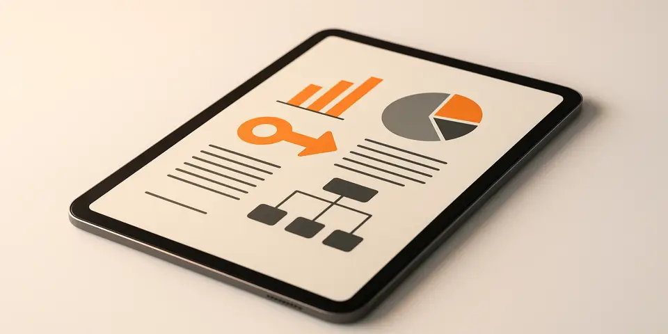 Tablet screen showing infographic layout with charts and marketing icons
