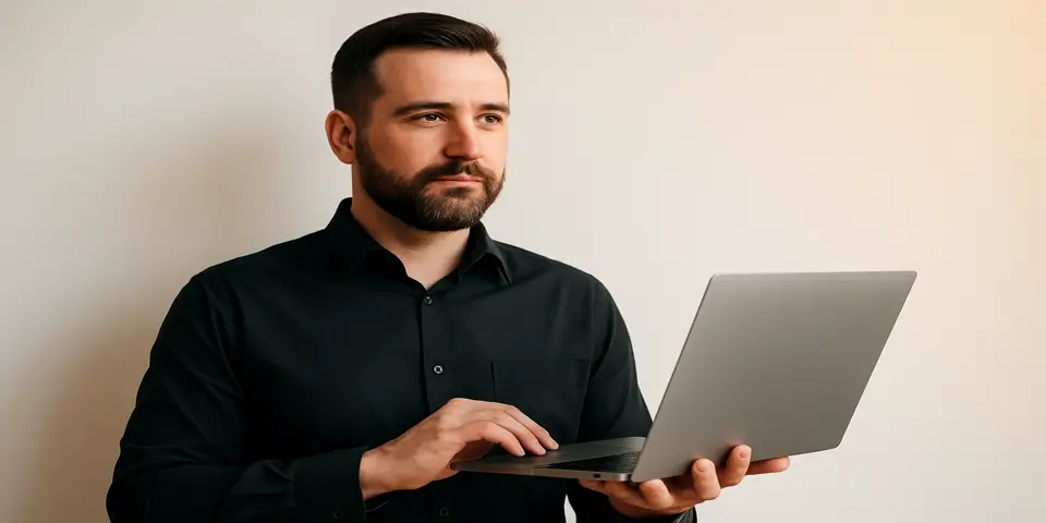 Professional analyzing data strategy on a sleek laptop.