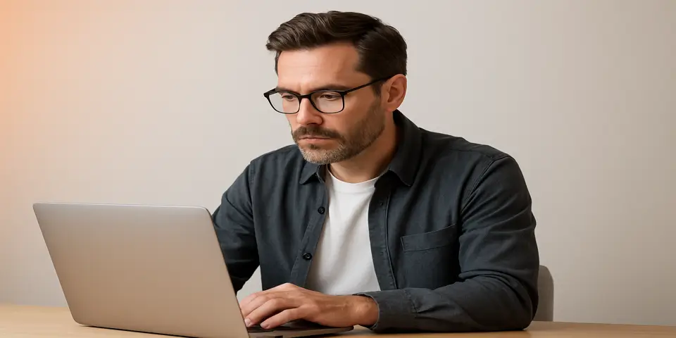 : Focused digital strategist analyzing SEO trends on laptop.