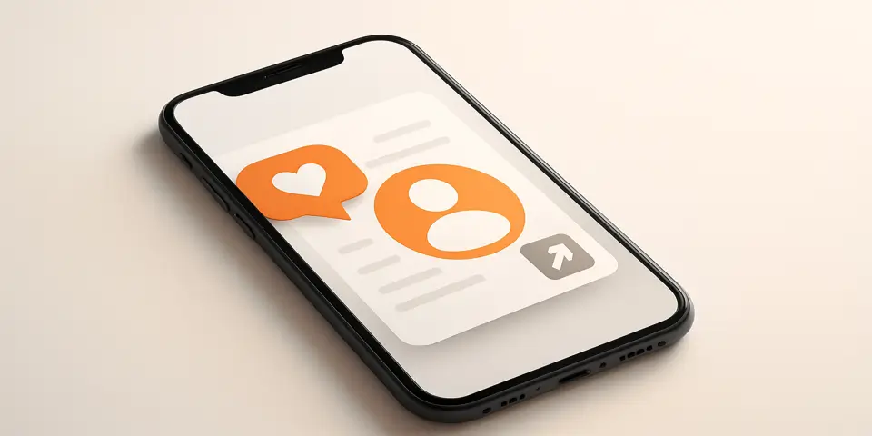 Modern smartphone showing personalized user profile with engagement icons.