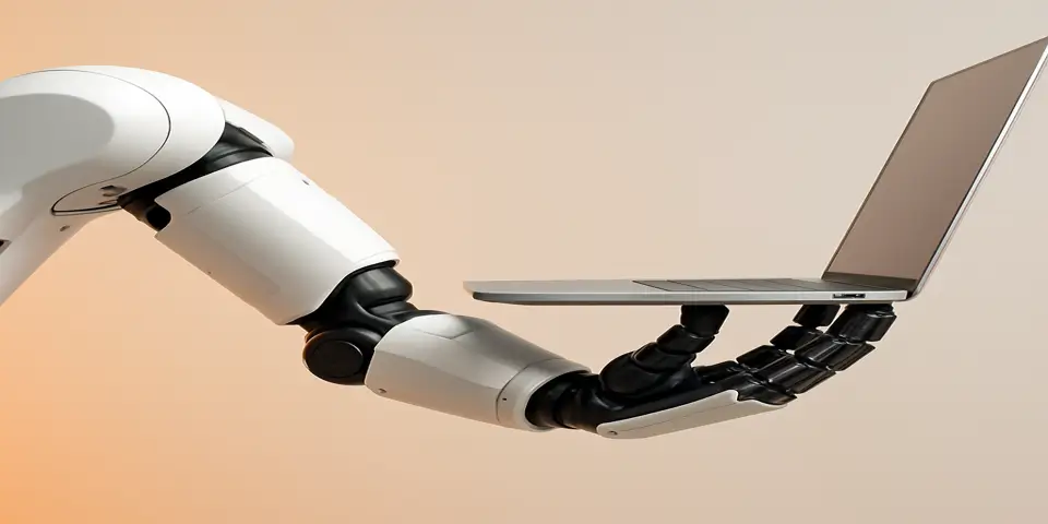 Robotic arm holding laptop to represent AI automation tools