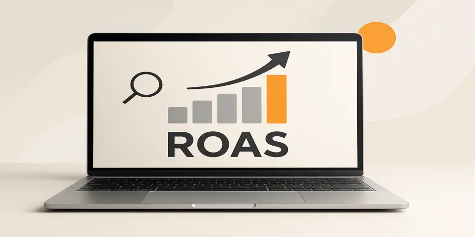 Laptop showing ROAS performance dashboard on a white table.