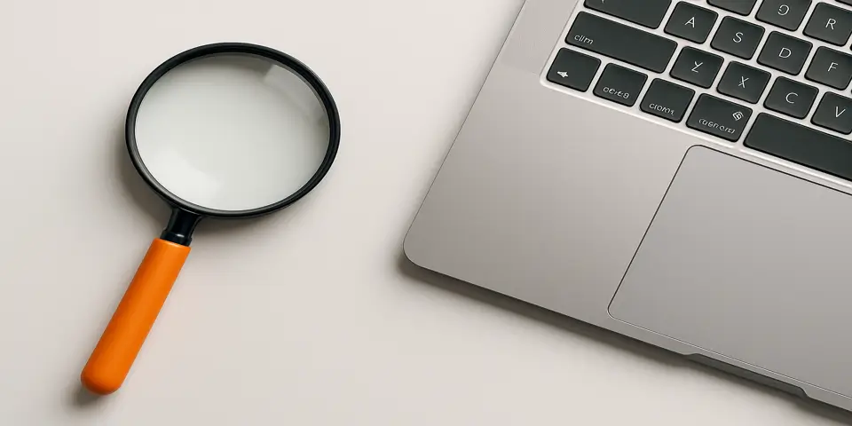 Magnifying glass and laptop symbolizing SEO tools and success tracking.