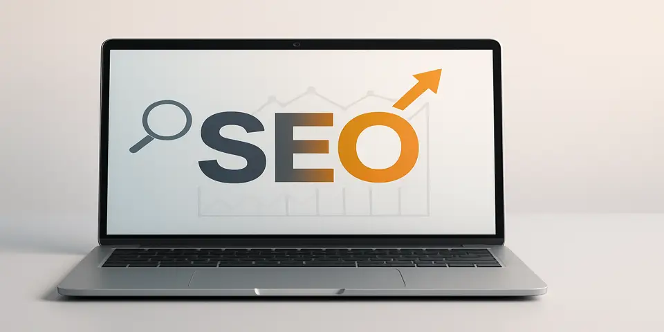 Laptop screen showing SEO concept with chart and arrow.