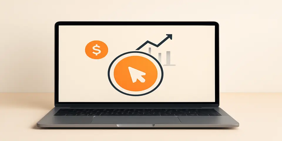 Laptop screen showing PPC growth elements like cursor, graph, and dollar symbol
