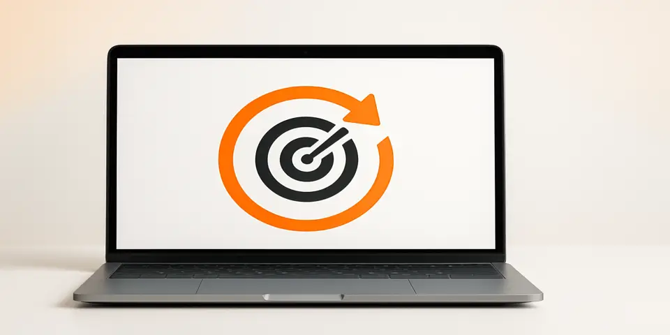 Laptop displaying retargeting symbol with arrow and bullseye