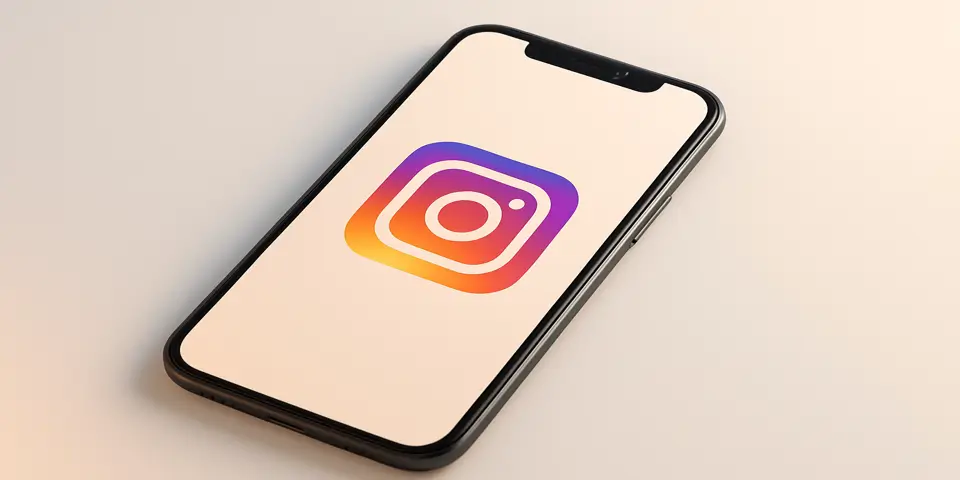 Smartphone screen displaying Instagram logo with soft gradient background.