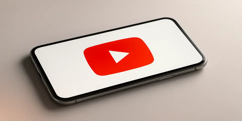 Smartphone displaying YouTube logo on a white screen.