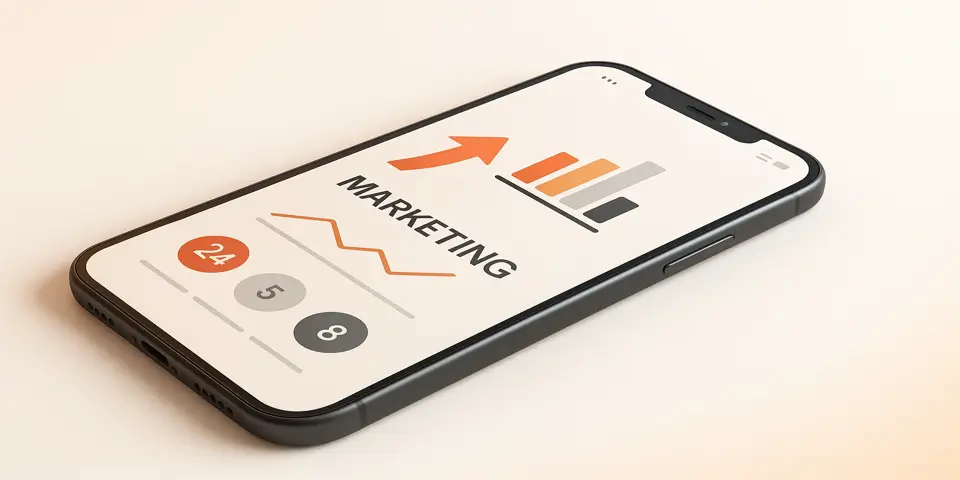 Smartphone displaying a modern digital marketing dashboard with charts.