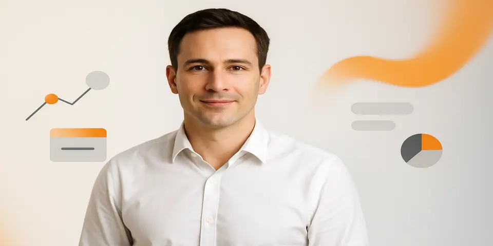 Confident professional in white shirt with data charts in background.