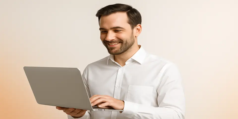 Smiling marketer using a laptop to plan a digital campaign