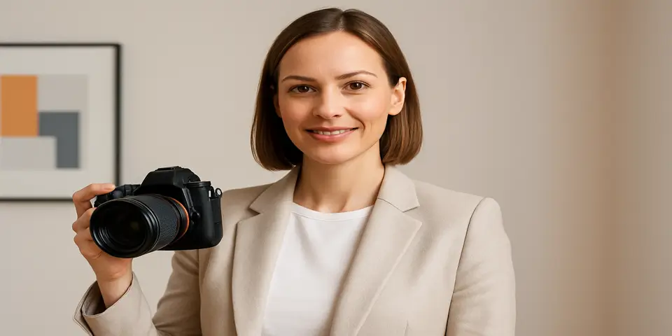 Focused woman reviewing digital visuals on a large screen